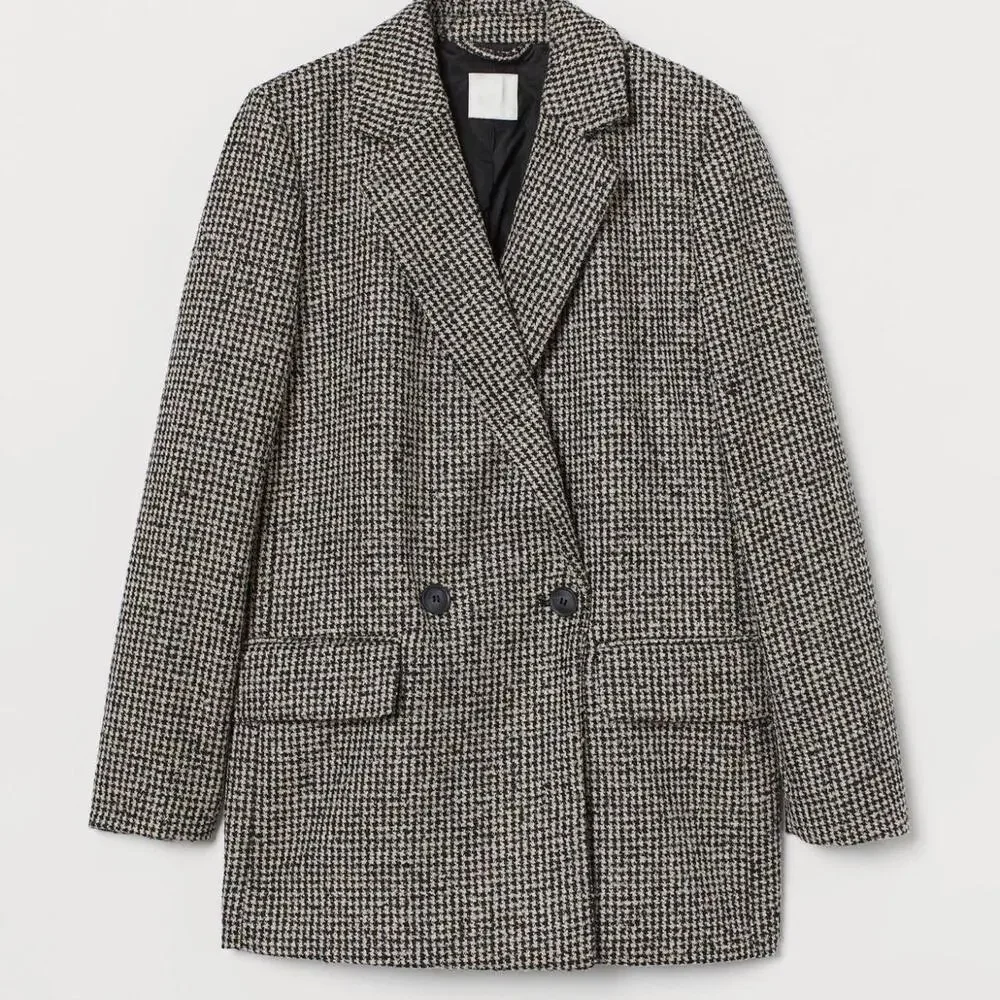 H&M Double-breasted Houndstooth Blazer - Black/Beige - L - Picture 1 of 4